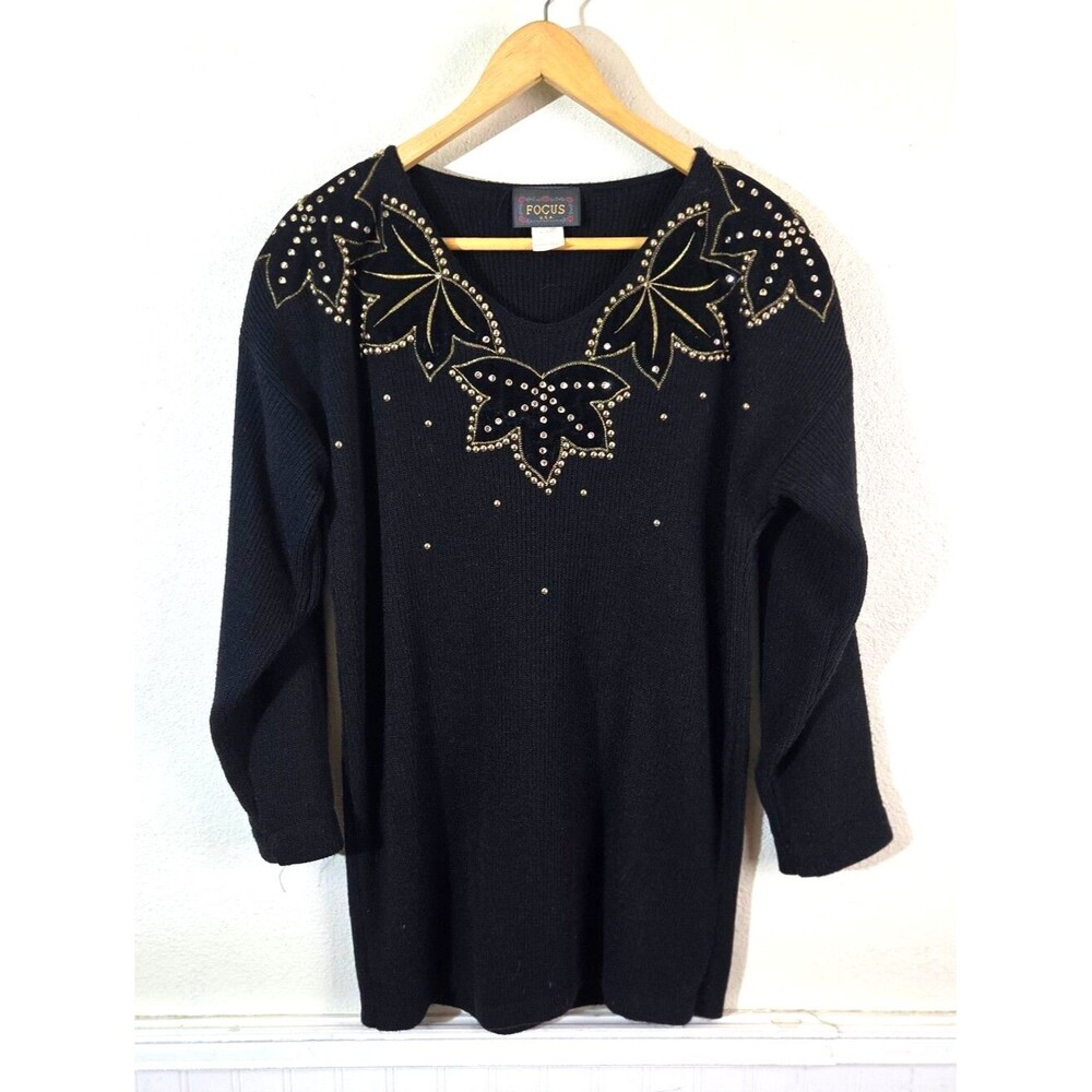 Vintage Focus USA Black Sweater Womens L Leaf Studded Rhinestone Beaded USA Made
